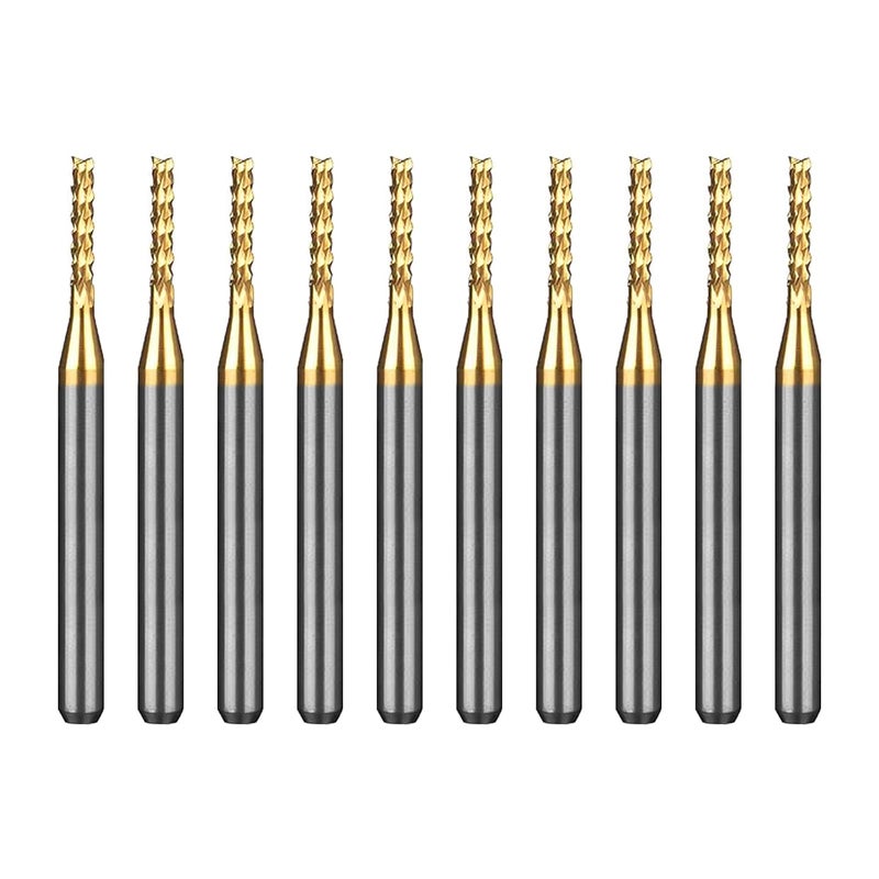 WEXWE Tools 10Pcs 1.5mm TiN Coating Solid Carbide End Mill Engraving Milling Cutter CNC Router Bits for PCB Machine, 1/8" Shank 1BOX - Image 1
